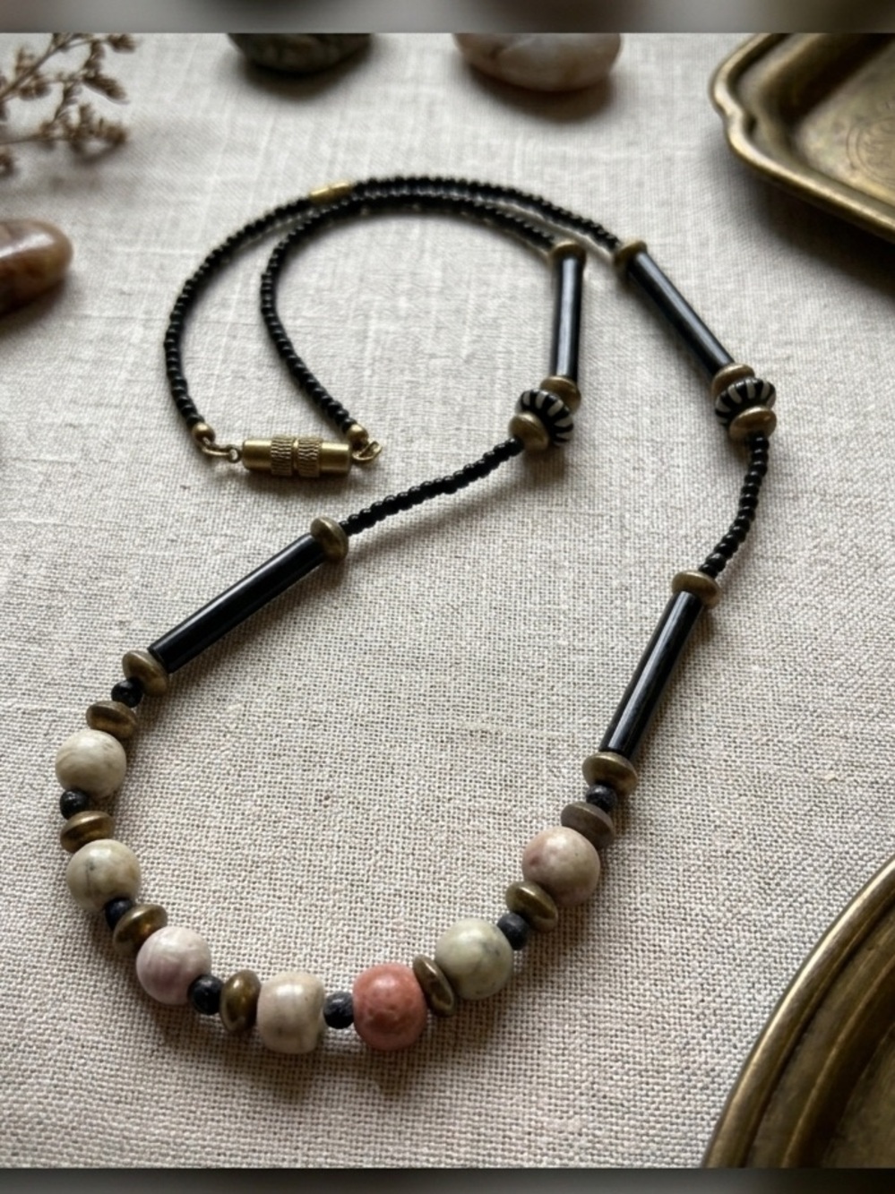 Ethnic Inspired Beaded Necklace Mixed Media Wood Brass Stone